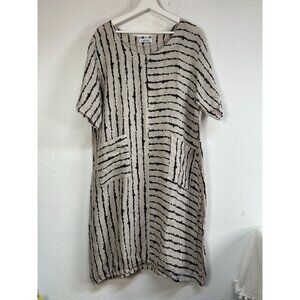 Transparente Women’s Size 1 Black Ivory Striped Linen Shift Dress Front Pockets